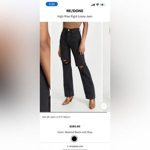 RE/DONE high rise loose black jeans, size 25